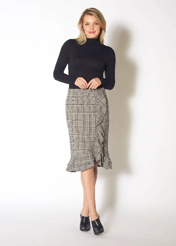 Women's Ruffle Trimmed Pencil Skirt in Black Plaid Season Sale