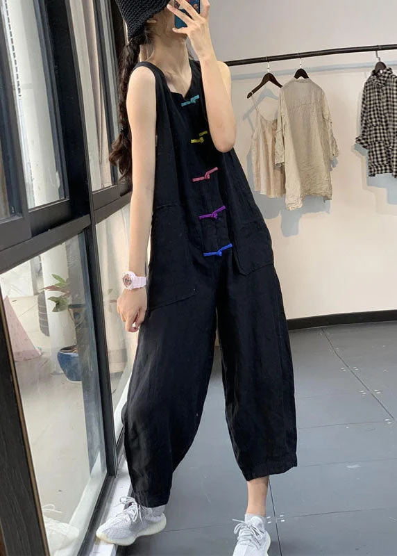 Casual Black Chinese Button Pockets Patchwork Linen Jumpsuits Summer Seasonal Picks