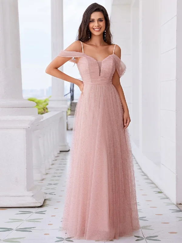 Spaghetti Strap Backless Sweetheart A-Line Tulle Bridesmaid Dress Vibrant Styles