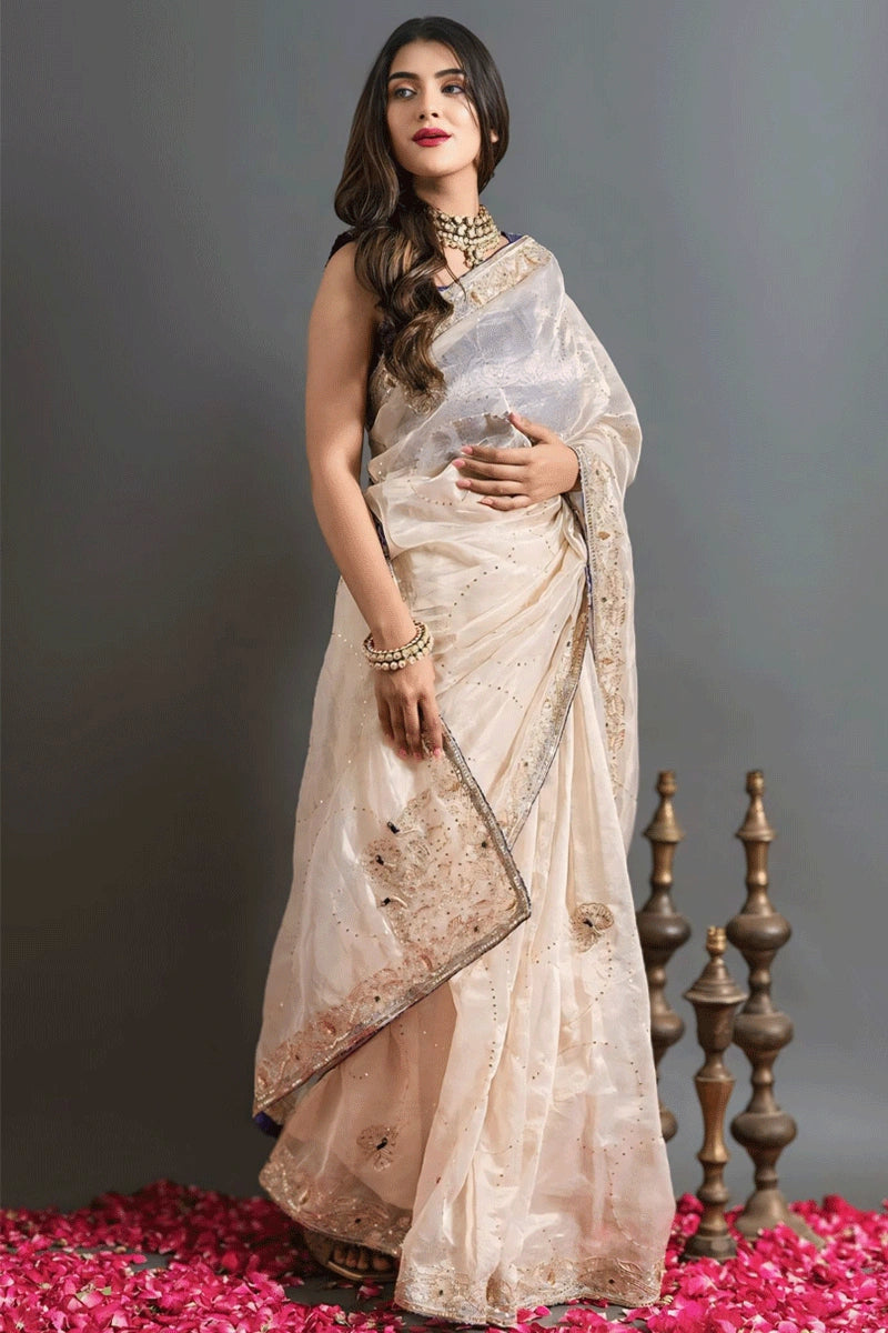 Embroidery Work Off White Bengali Saree For Durga Puja Feminine Elegant