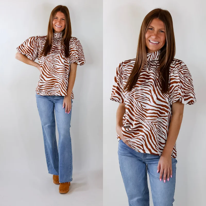 Rival Flair Zebra Print Top with Mock Neck in Ginger and White Trendy Street Style