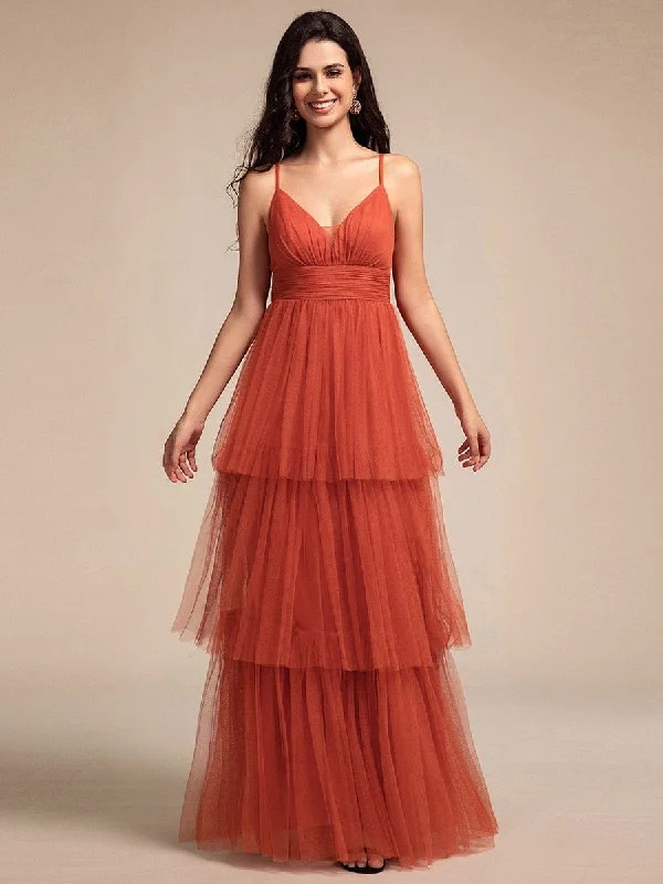 Tiered Spaghetti Strap Tulle Maxi Bridesmaid Dress Massive Savings