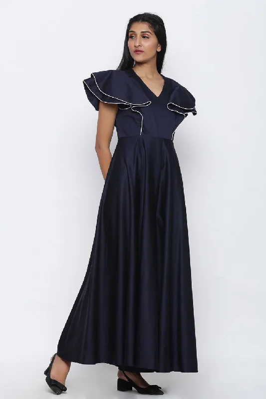 Navy Blue Circular Drama Flare Jumpsuit Sophisticated Fashion