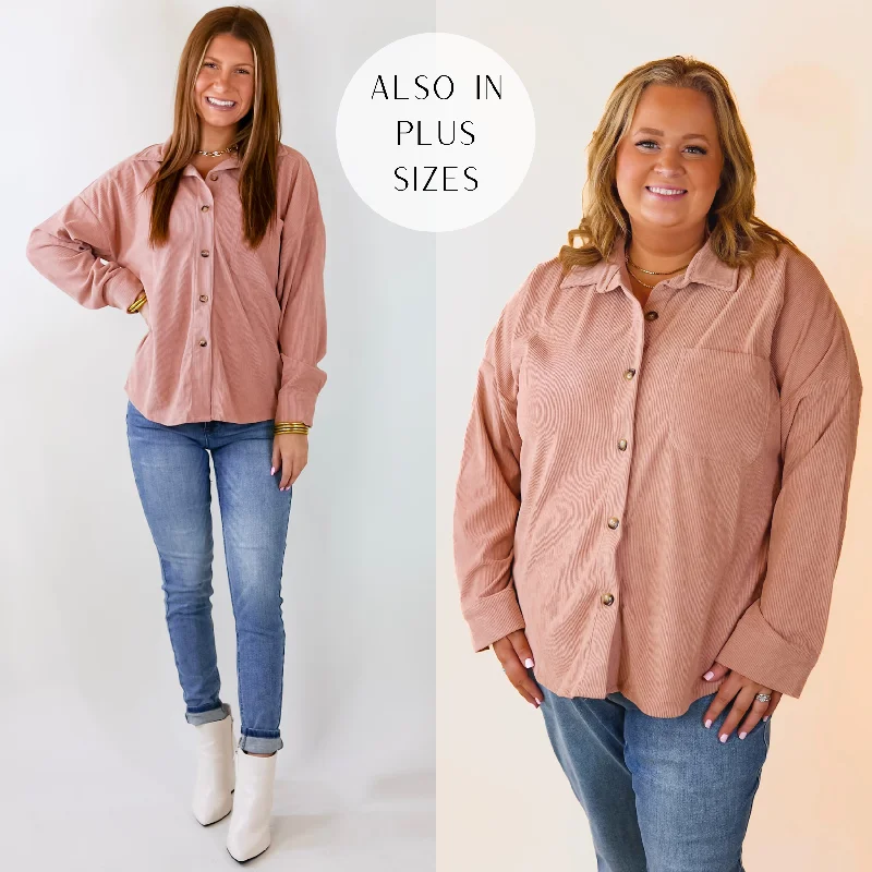 Captivating Cuteness Corduroy Button Up Shacket in Mauve Pink Classic Women's Fashion