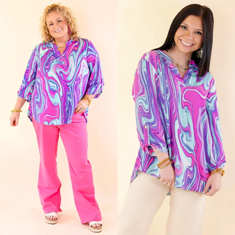 Urban Elegance Marble 3/4 Sleeve Tunic Top in Purple Mix Parisian Effortless Chic Style