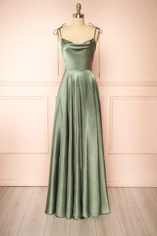 Moira Khaki | Cowl Neck Satin Maxi Dress w/ High Slit Classic Timeless Elegant Style