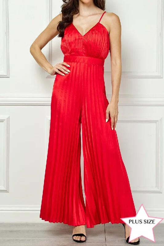 RED SATIN SPAGHETTI STRAP PLEATED WIDE LEG PLUS SIZE JUMPSUIT AVJ51891WX Flash Sale Starts