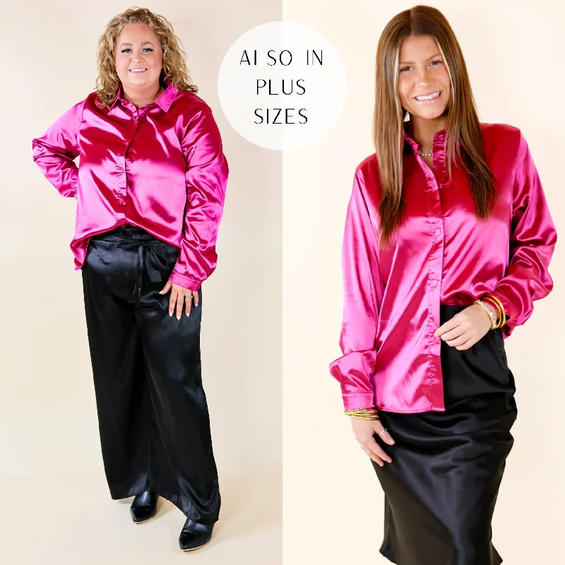 Down To Disco Satin Long Sleeve Button Up Top in Magenta Minimalist Office - Ready Style