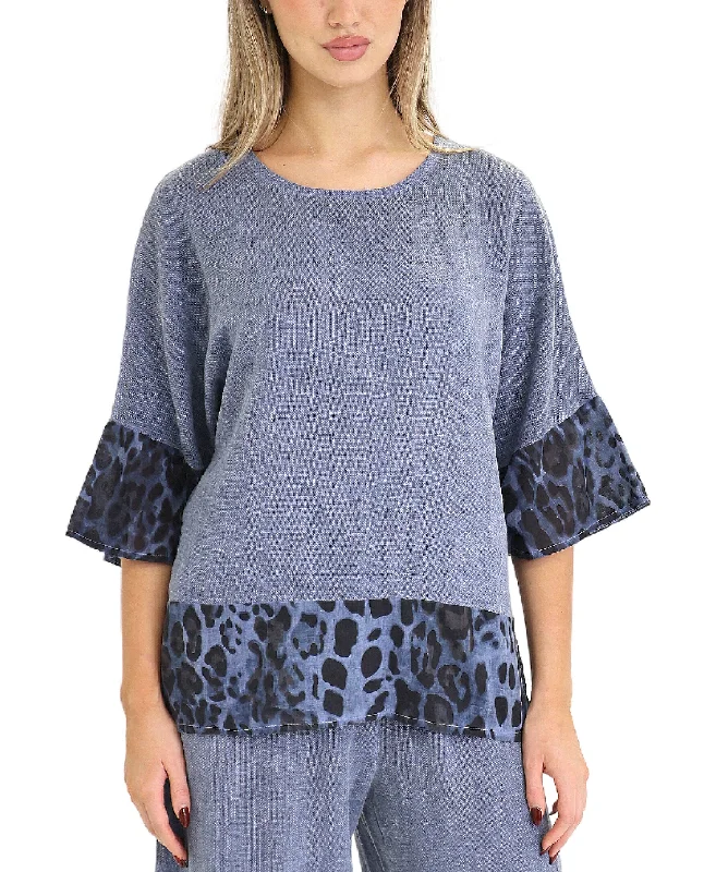 Linen & Cotton Top w/ Leopard Trim Fashion Forward Femininity