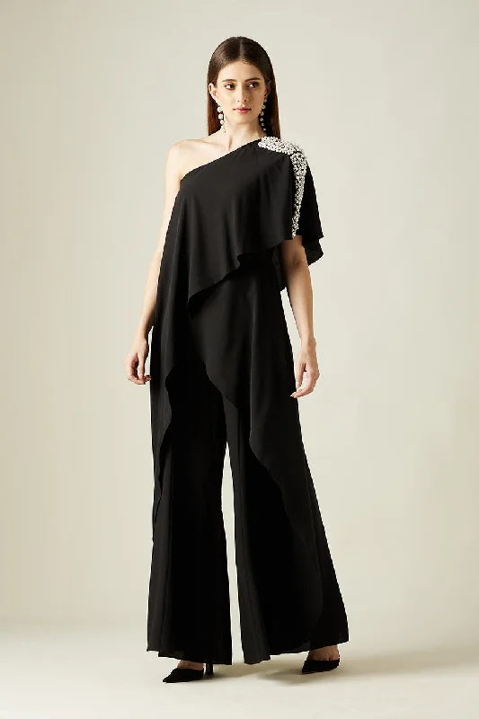 Pearl Embellished Black Layered Jumpsuit Spring Wardrobe