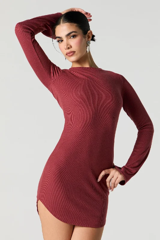 Ribbed Curved Hem Long Sleeve Mini Dress Summer Fashion