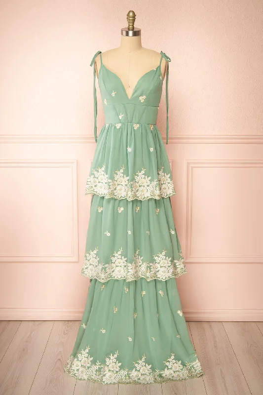 Taliana Sage | Chiffon Maxi Dress w/ Floral Embroidery Feminine Grace