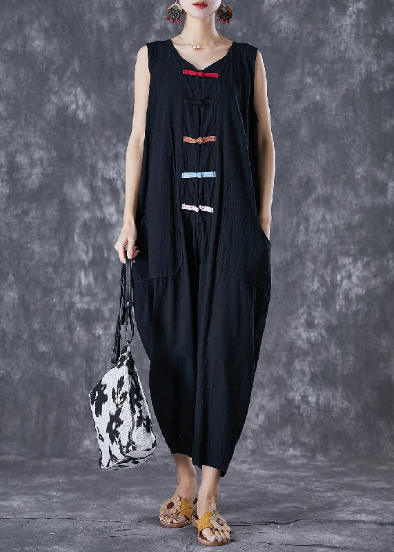 Classy Black Chinese Button Pockets Linen Jumpsuits Sleeveless Inspired By You, Designed For You