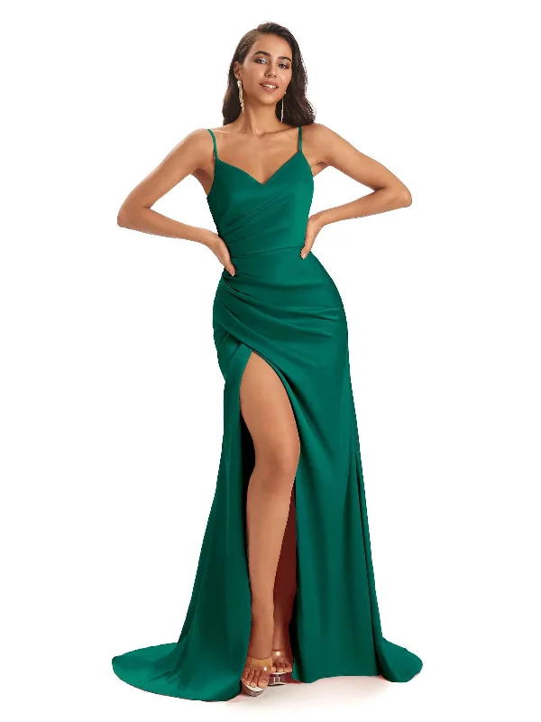 Sexy Mermaid Soft Satin Side Slit Long Modern Wedding Dress Guest Outfits Evening Looks