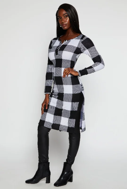 Plaid Side Slit Long Sleeve Tunic Top Contemporary Elegance