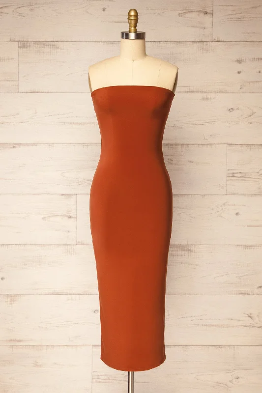 Victorya Rust | Strapless Fitted Midi Dress Timeless Elegant