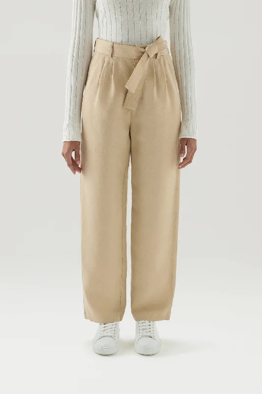 Belted Pants in Viscose Linen Blend FEATHER BEIGE Feminine Elegance