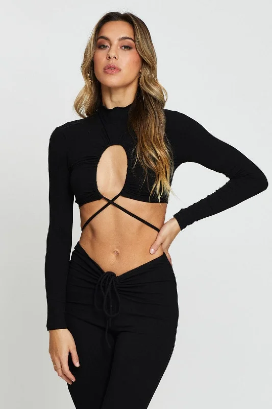 Black Wrap Top Long Sleeve Modern Women's Fashion