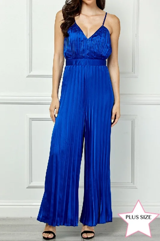 ROYAL SATIN SPAGHETTI STRAP PLEATED WIDE LEG PLUS SIZE JUMPSUIT AVJ51891WX Season Offer