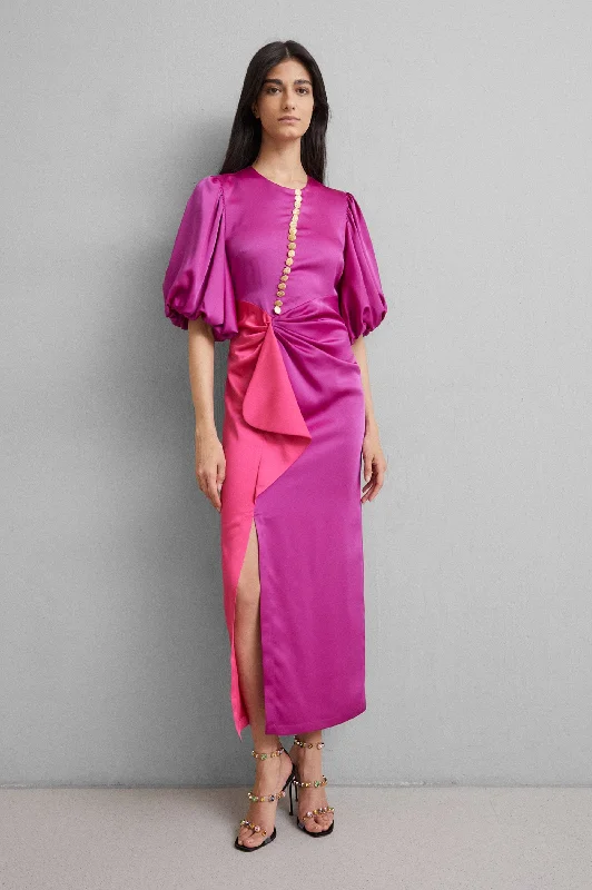 Junon Satin Dress in Fuchsia Playful Elegance