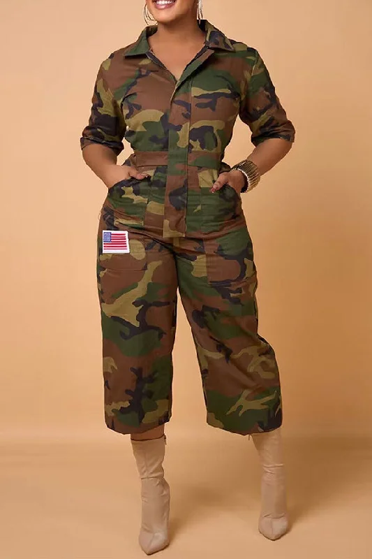 Camouflage Commuting Pocket Jumpsuit Minimalist Elegant