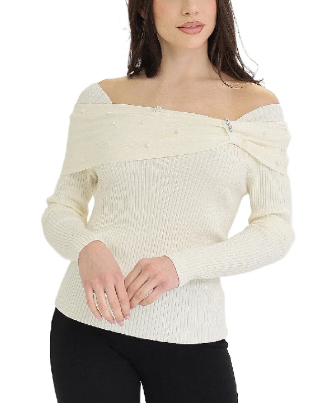 Off Shoulder Top w/ Pearls & Rhinestones Style Redefined