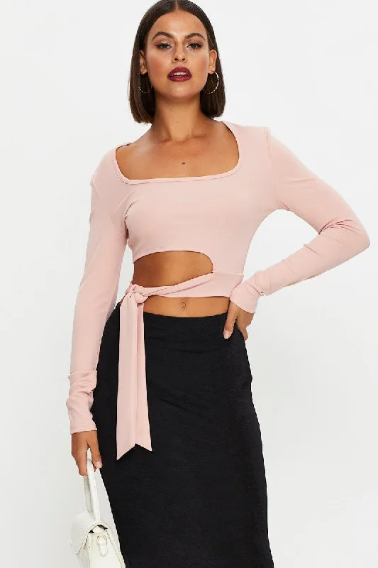 Pink Scoop Neck Tie Top Stylish Basics