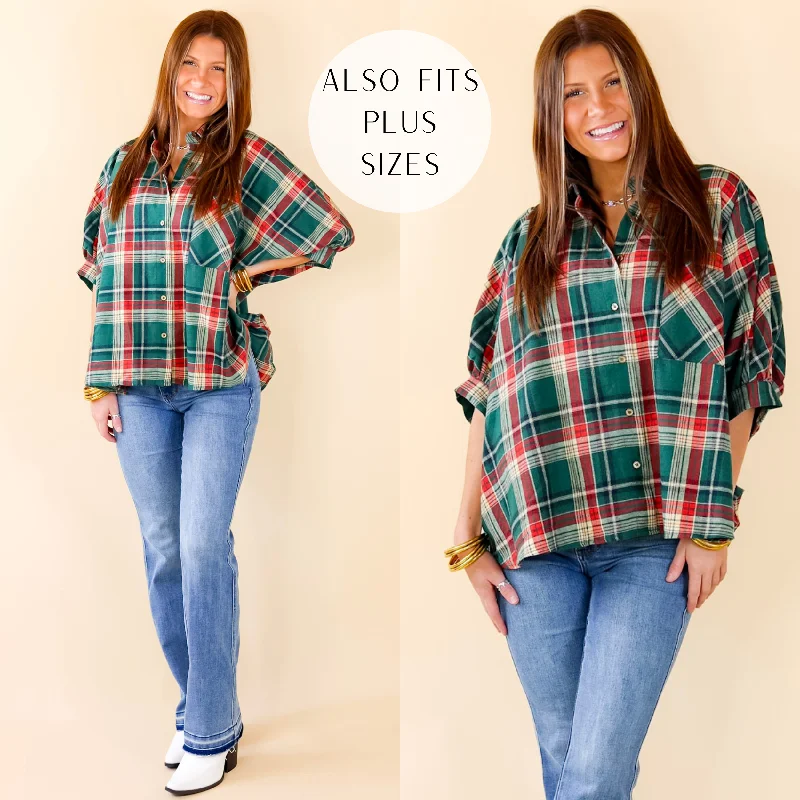 Suburban Lifestyle Plaid Poncho Top in Green Daily Deals