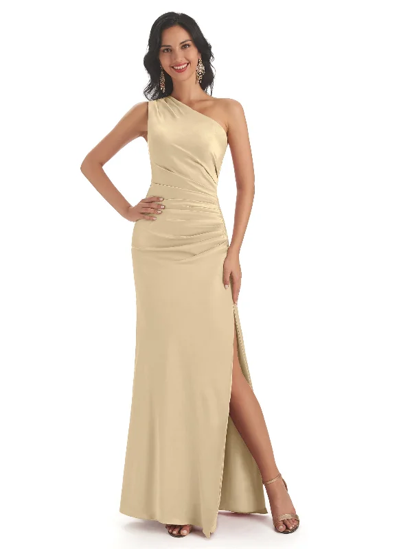 Sexy Side Slit One Shoulder Soft Satin Mermaid Formal Dresses to Wear to a Wedding Contemporary Elegance