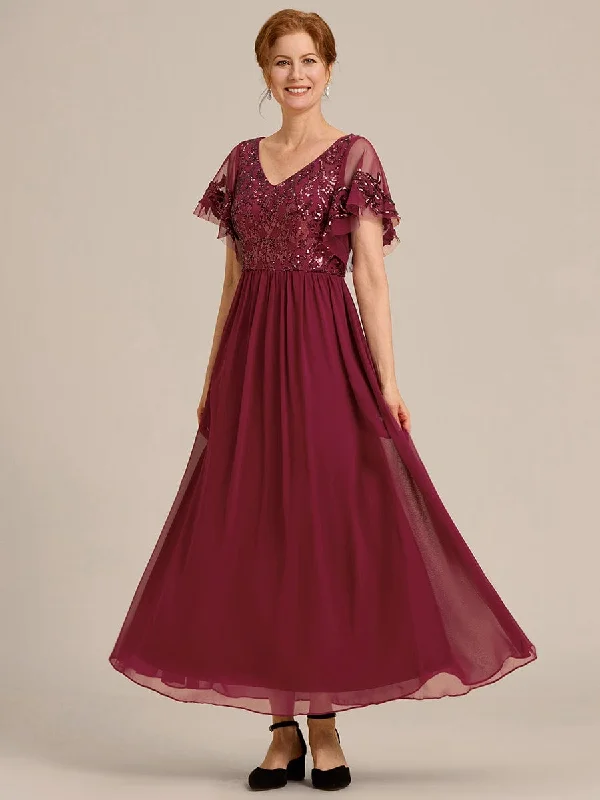 Short Sleeve V-Neck Sequin Chiffon A-Line Mother of the Bride Dress Latest Trends