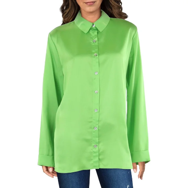 Womens Satin Collared Button-Down Top Valentine's Special