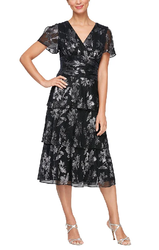 Tea Length Printed Shimmer Surplice Neckline Dress with Ruched Waist, Flutter Sleeves and Tiered Skirt Soft Textures