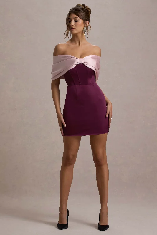 Linley | Burgundy & Pink Satin Bow Bardot Mini Dress Break Fashion Norms