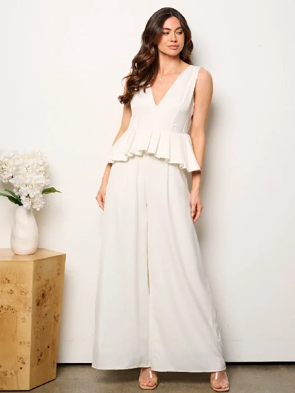 WOMEN'S SLEEVELESS V-NECK RUFFLE WAIST WIDE LEG JUMPSUIT Versatile Outfits