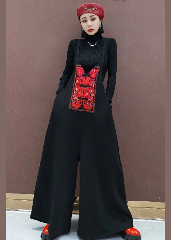 Organic Black Embroideried wide leg pants Jumpsuit Spring Classic Women's Fashion