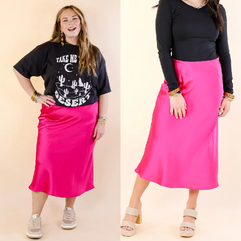 Bubbly And Blissful Satin Midi Skirt in Fuchsia Pink Contemporary Chic