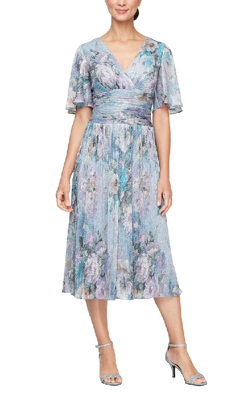 Tea Length Printed A-Line Dress with Ruched Waist and Elbow Sleeves Snag Fabulous Fashion Bargains