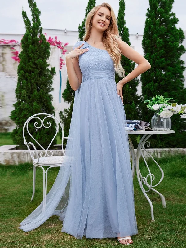 Romantic One Shoulder Bowknot Streamer Tulle A-Line Bridesmaid Dress Vibrant Femme Fashion