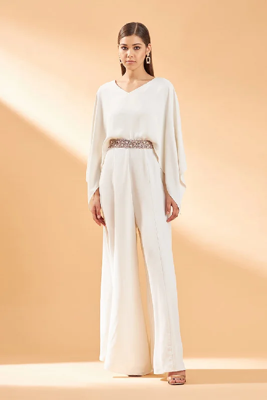 Cream Draped Jumpsuit With Belt Flash Sales