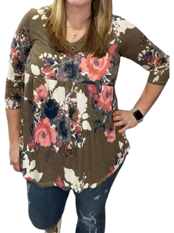 Winter Floral Babydoll Top In Olive Contemporary Elegance