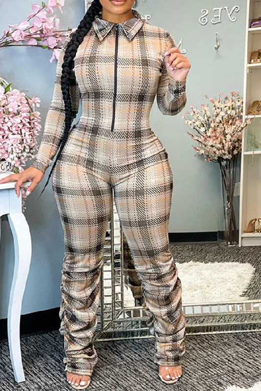 Checked Print Stylish Pile Bottom Jumpsuit Formal Outfit