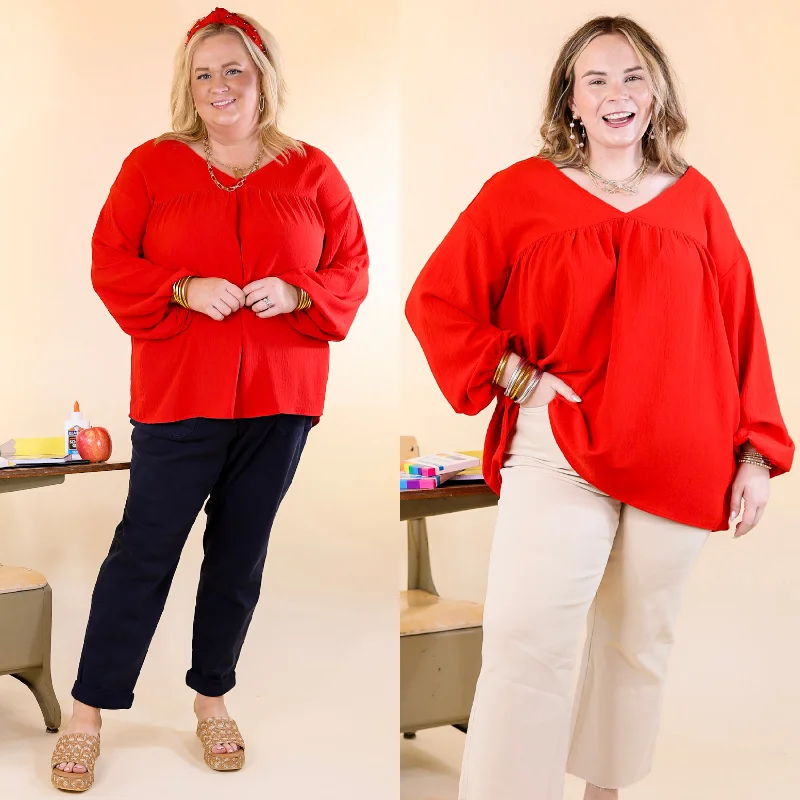 Office Feels Long Sleeve V Neck Babydoll Top in Red Stylish Basics