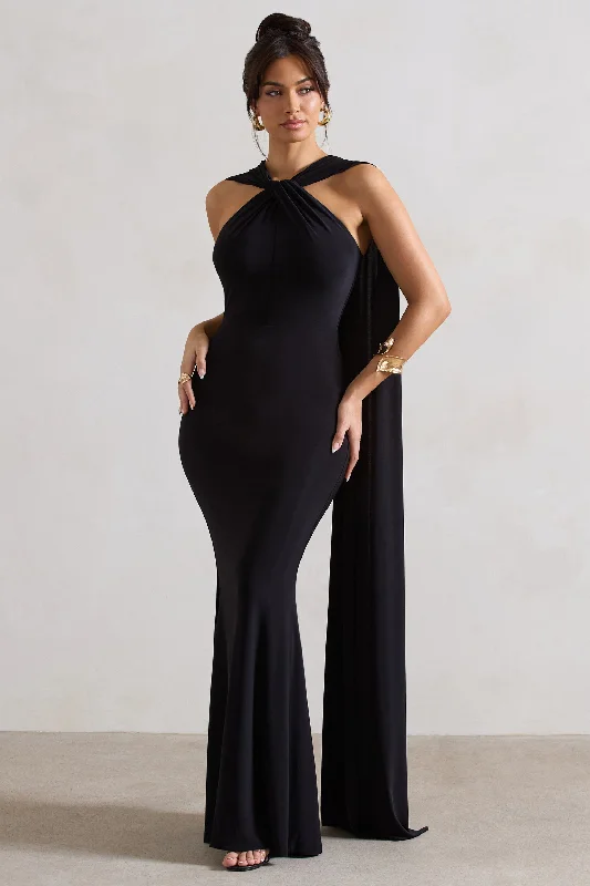 First Glance | Black Twist-Neck Cape Maxi Dress Summer Deals