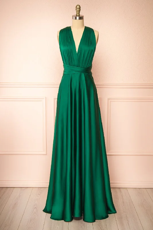 Yayabei | Green Satin Convertible Maxi Dress Luxury Style