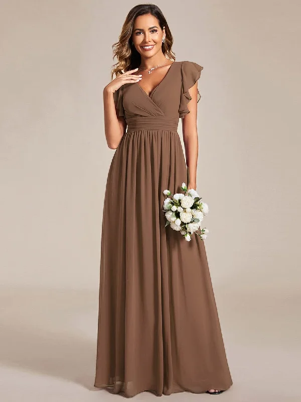 Custom Size Back Cutout A-Line Pleated Ruffles Sleeve Chiffon Bridesmaid Dress Effortless Everyday Wear