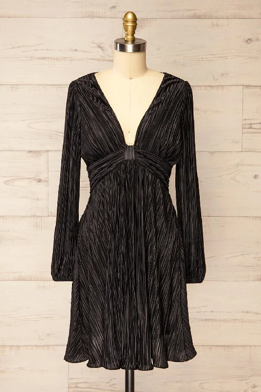 Bromsgrove | Short Black Pleated Dress w/ Long Sleeves End Of Season Clearance