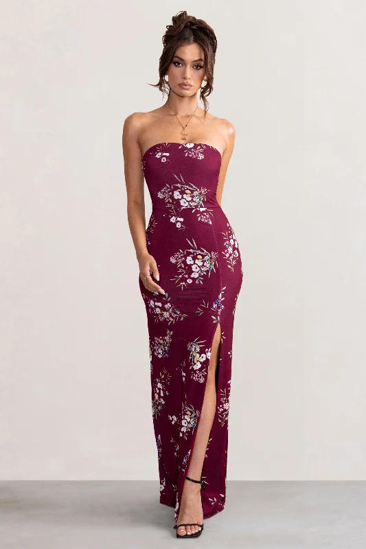 Camila | Burgundy Floral Print Strapless Maxi Dress With Thigh Split Odd Size Clearance Sale