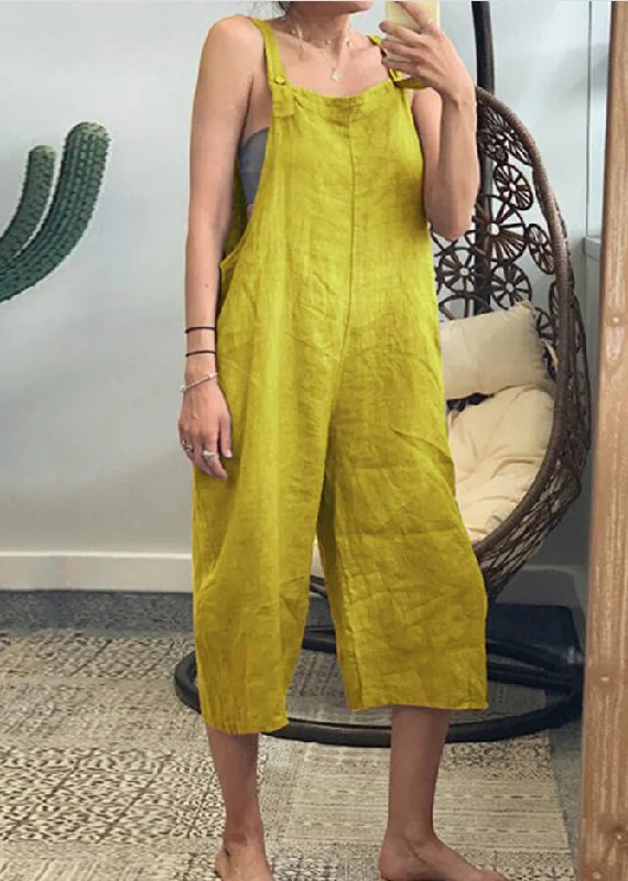 French Yellow Solid High Waist Cotton Jumpsuits Sleeveless Latest Fashion