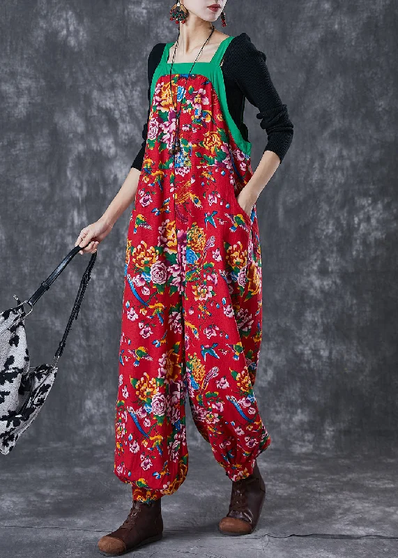 Red Print Cotton Overalls Jumpsuit Wear On Both Sides Fall Elevate Your Wardrobe