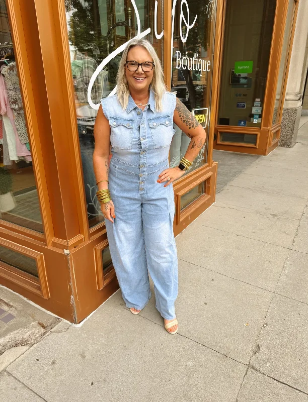 Oh I Love It Denim Button-Up Jumpsuit-Final Sale Online Only Vintage Charm